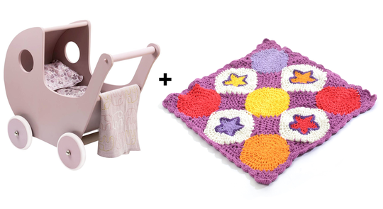 Smallstuff - Wooden Doll Stroller Powder + Knitted Doll Blanket