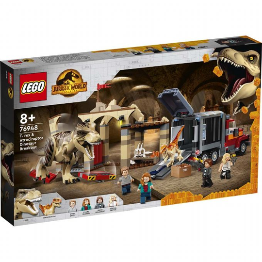 T. rex ja atrociraptor dinosauruksen pakenemisessa LEGO Jurassic World 76948